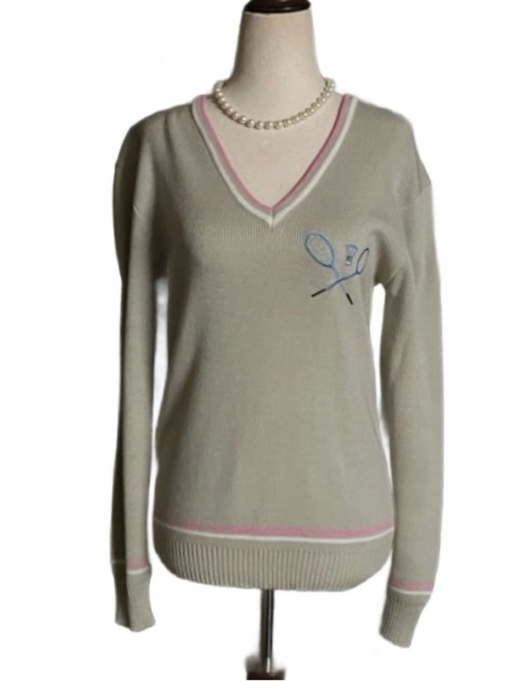 Loubella Extendables ~ Women’s Medium ~ Green W/ Pink Embroidery Tennis Sweater